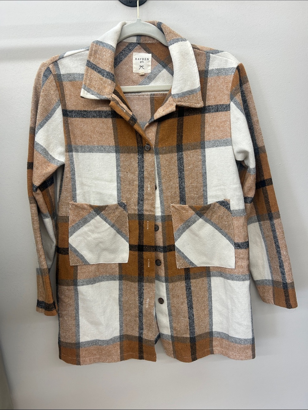 Hayden Plaid Button-Up Shacket in Cream, Brown and Gray